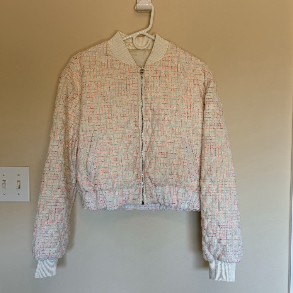 BlankNYC Cream/Multicolor Good For You Tweed Quilted Bomber Jacket Womens XS